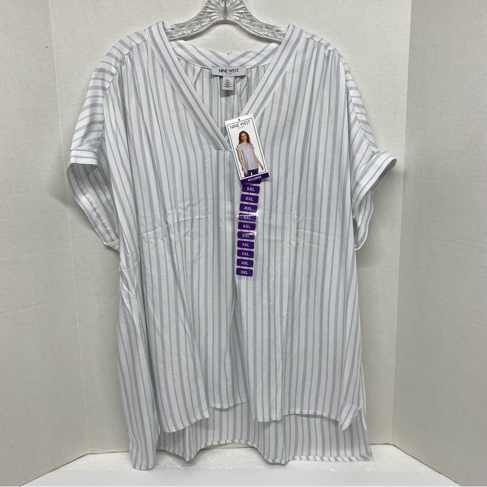 Nine West Jeans Women's XXL Woven V Neck Popover Top Stripe Blue & White Relaxed
